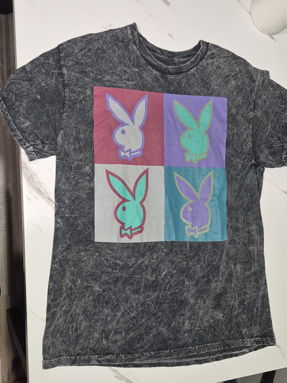PLAYBOY Black Mineral Wash Tee with Multicolor Bunny Pop Art